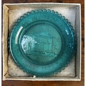 Vintage Pairpoint Glass Cup Plate Turquoise New Bedford Savings W/Original Box